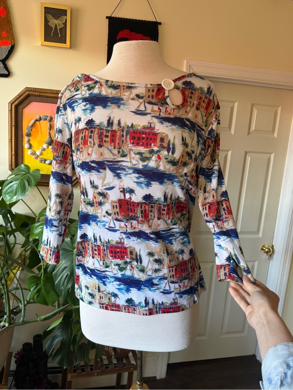 Y2K Scenic Harbor Boatneck Top in Blue, Red, Cream With Keyhole Detail